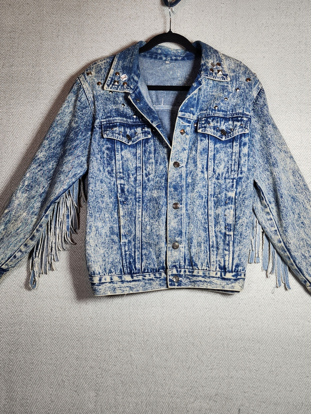 Vintage 80s Fringe Acid-Wash Blue Denim Jacket Studs Beads M/L See  Pics - Picture 2 of 10